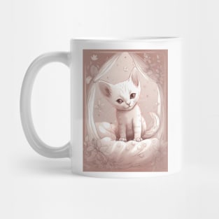 Cute kitten is sitting on the bed. Mug